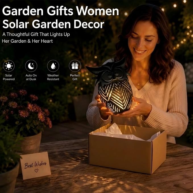 Hanging Owl Solar Lantern, Outdoor Waterproof Metal Solar Lights with Palm Leaf Shadow, Decorative Garden Lanterns for Yard Art Patio Decor, Whimsical Gifts for Women, Black