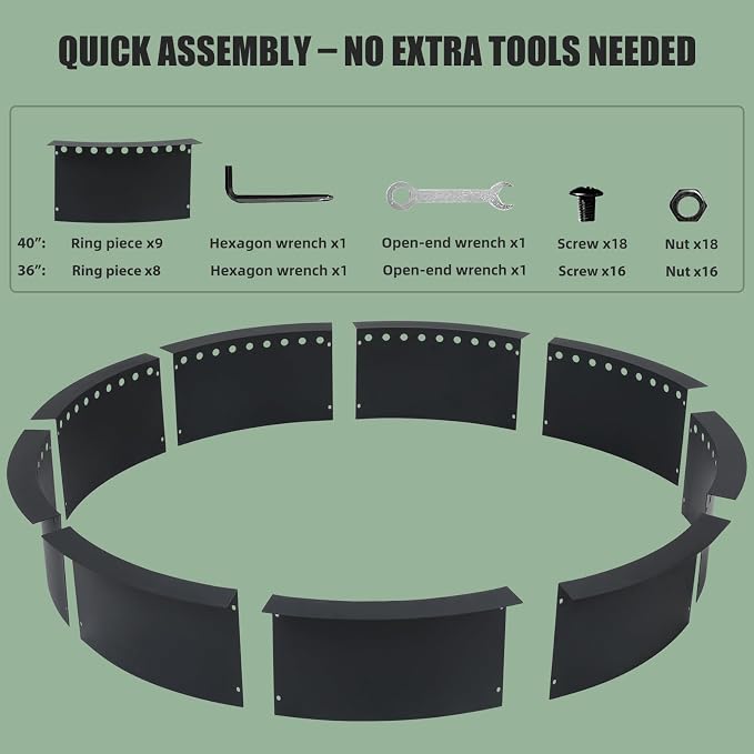 40 Inch Smokeless Fire Pit Ring, Heavy Duty Steel Fire Pit Ring Insert with Air Vent Design, 44 Inch Outer Diameter Round Fire Ring for Outdoor Wood Burning, Backyard, Patio, Garden & Camping