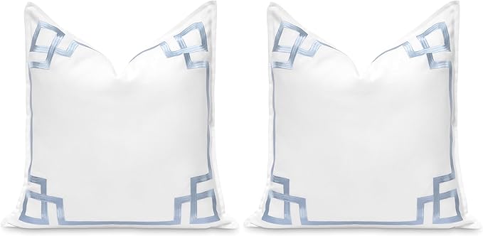 Hofdeco Premium Coastal Patio Indoor Outdoor Throw Pillow Cover Only, 20"x20" Water Repellent for Backyard, Couch, Baby Blue Embroidered Frame Greek Key (Pack of 2)