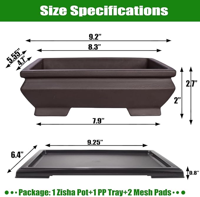 MUZHI Unglazed Ceramic Bonsai Pot with Drainage Tray, Rectangle Vintage Brown Bonsai Planter with 4 Raised Feet for Juniper Maple, Succulent Planter Pot with Drip Tray (Elegant Rectangle)