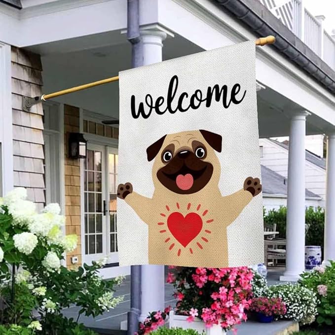 AOYEGO Funny Dog Welcome House Flags 28 x 40 Double Sided Burlap Greeting Cute Dog Sweet Pug Hug Yard Flags Spring Summer Farmhouse Seasonal Outdoor Flag