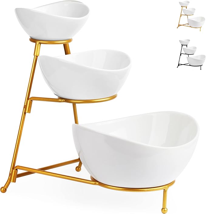 LAUCHUH 3 Tier Serving Stand with Porcelain Bowls, Oval Shape, Ideal for Food Presentation, Dishwasher Safe