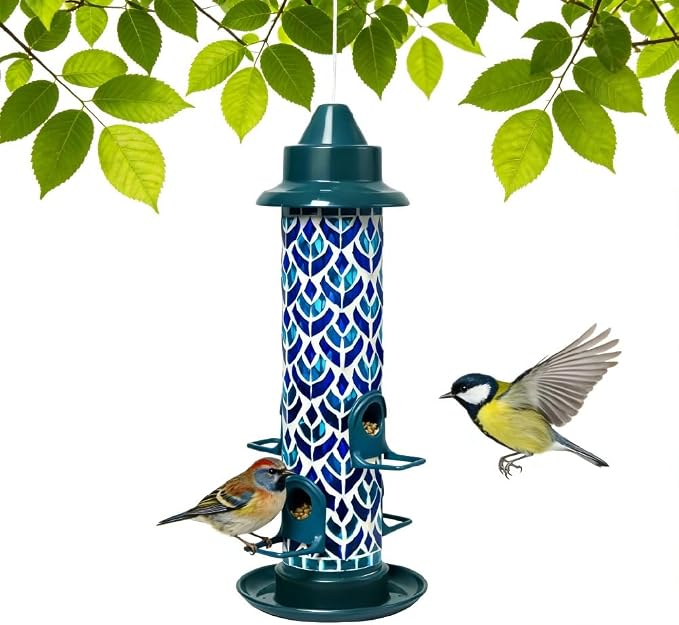 Lily's Home Blue Mosaic Tube Bird Feeder - Attracts Small Birds - 4 Feeding Ports, 3 or 4 Cups Capacity & 6'' Hanging Wire - Tube Bird Feeders for Outdoors Garden - Easy Refill - Twist-Off Cap