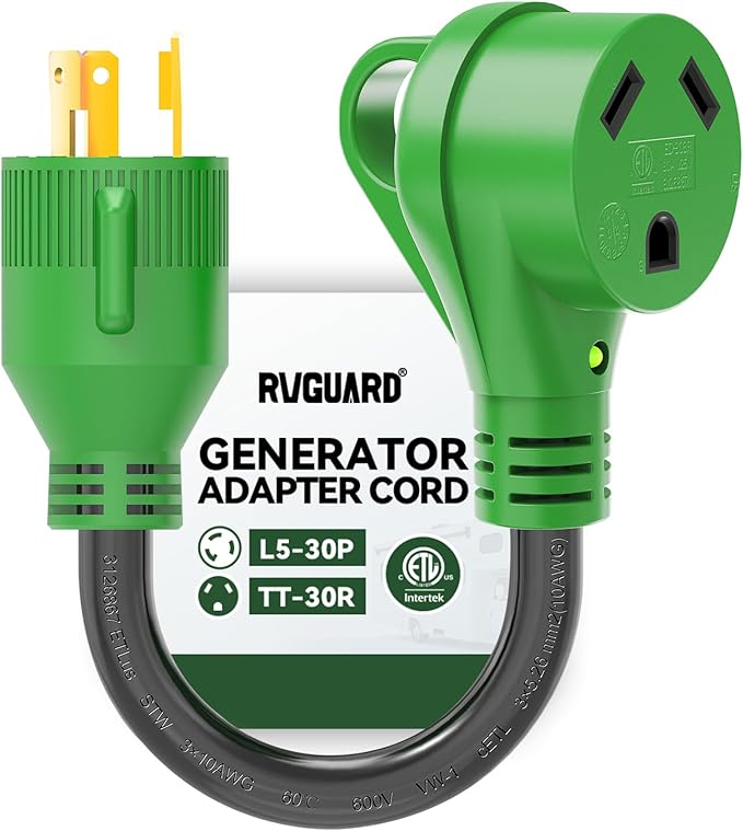 RVGUARD 3 Prong 30 Amp to 30 Amp RV Generator Adapter Cord 12 Inch STW 10/3, L5-30P Locking Male Plug to TT-30R Female with LED Power Indicator, Green