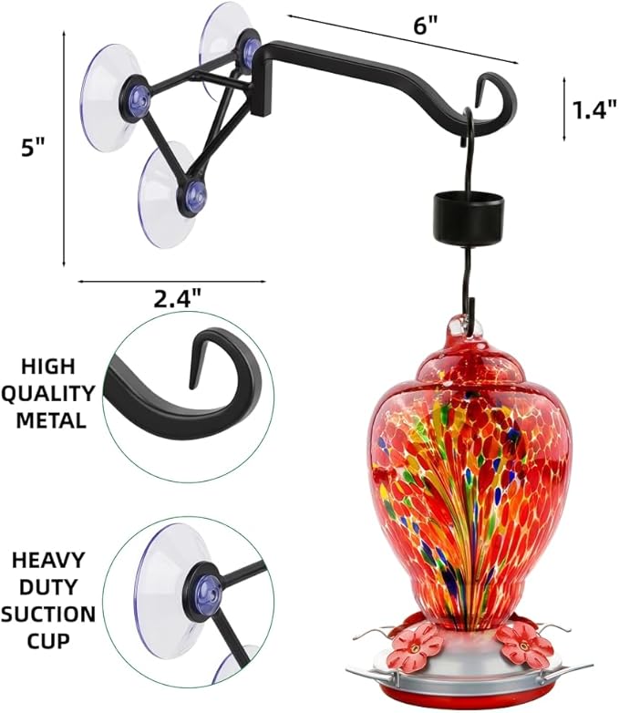 Hand Blown Glass Hummingbird Feeder with Heavy-Duty Metal Window Suction Cup Hangers Colorful Glass Bird Feeder and Window Hook with Accessories (Red)