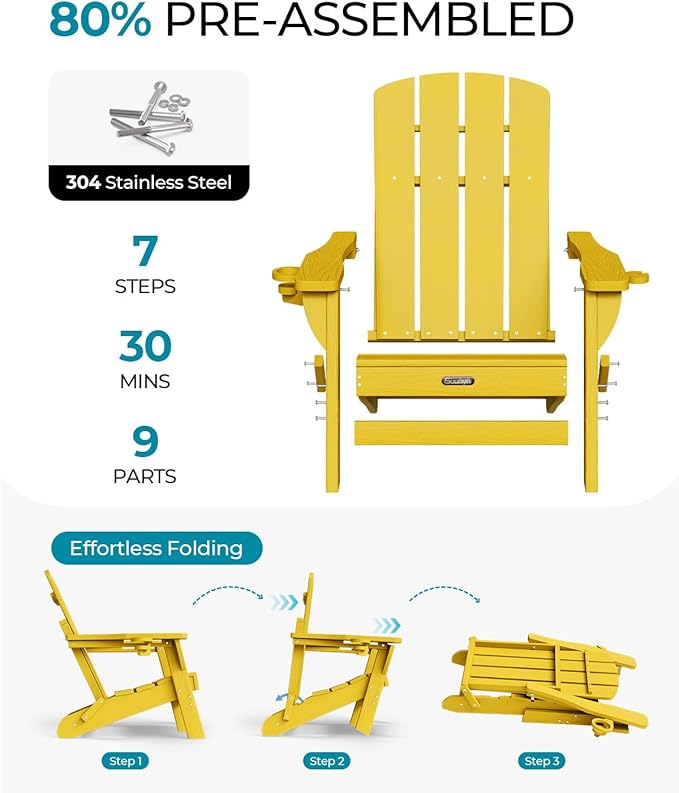 Folding Adirondack Chair, HDPE All-Weather Fire Pit Chairs, Plastic Adirondack Chairs with 2 Cup Holder, Outdoor Lawn Chair for Patio Garden (Yellow)