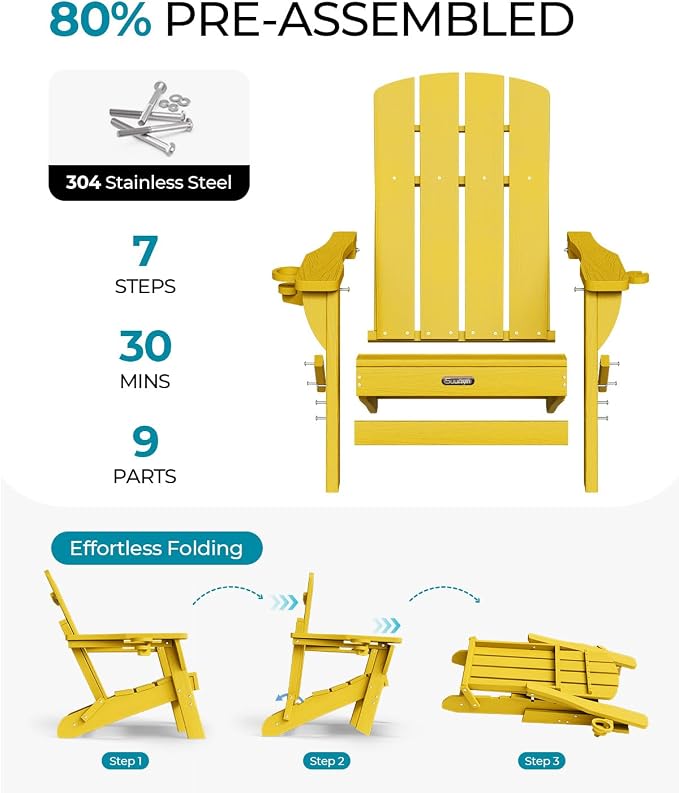 Folding Adirondack Chair Set of 4, HDPE Adirondack Chairs with 2 Cup Holder, Plastic All-Weather Fire Pit Chairs, Outdoor Lawn Chair for Patio Garden (Yellow)