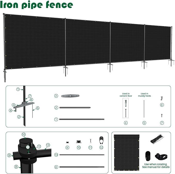 6'Hx92'W Outdoor Freestanding Privacy Screen Fence Panels with Iron Poles, Mesh Shade Net Cover Temporary Fencing for Patio Backyard Garden Deck, Black