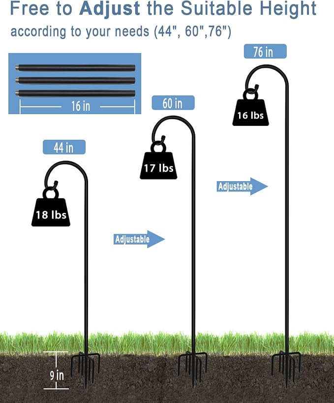 Artigarden 76 inch Outdoor Shepherd Hook with 7 Prong Base (2 Packs), Adjustable Heavy Duty Garden Hanging Stake for Bird Feeder Solar Light Plant Hanger Wedding Decor, Matte Black