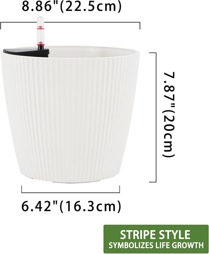 Dexceder 9x8 Self Watering Planters Indoor (2 Pack, White) | Inner Mat Design, Table Flower Plant Pot with Water Level Indicator