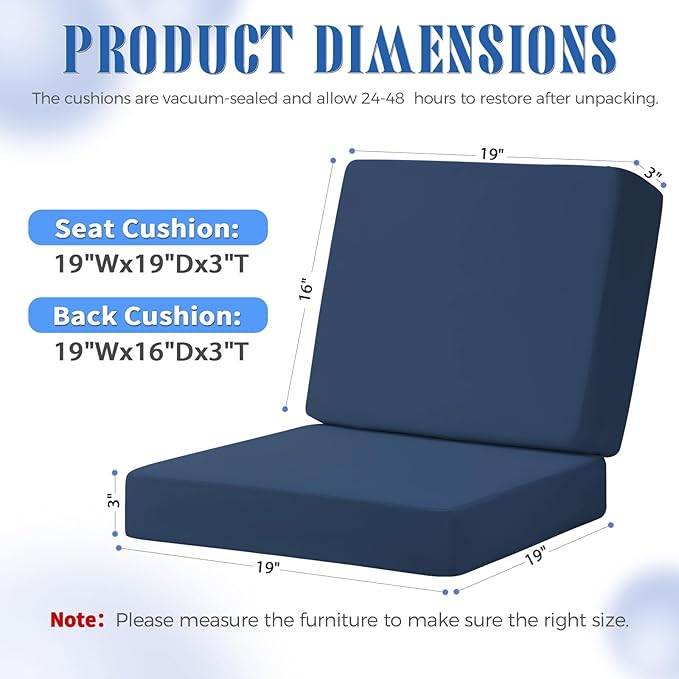 Deep Seat Patio Cushions Set, 19x19 Inch Waterproof & Fade Resistant Outdoor Chair Cushions, Thick Padded Replacement Sofa Cushions for Garden Yard Furniture