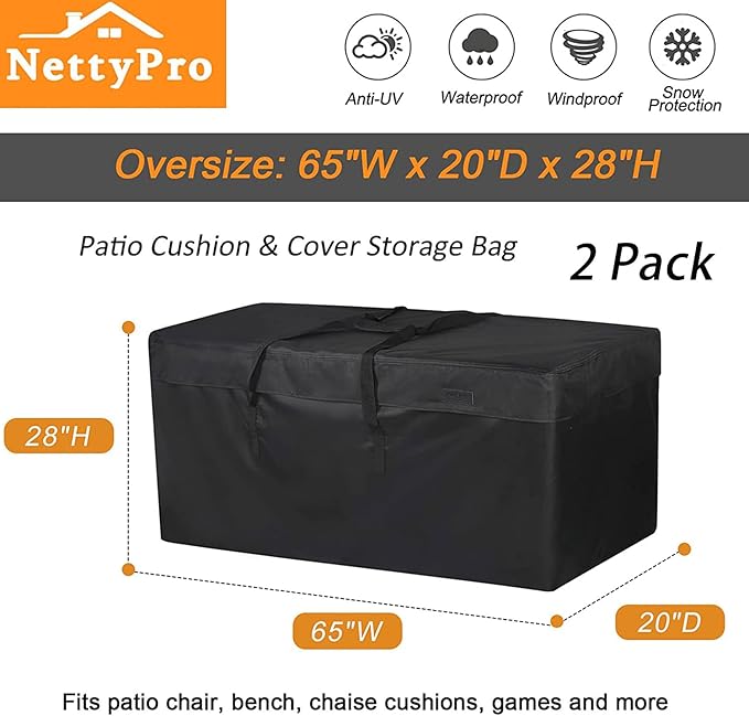 NettyPro Patio Cushion Storage Bags 2 Pack Water-Resistant Extra Large Bag for Outdoor Cushions Heavy Duty Patio Furniture Storage Bag 65 Inch, Black
