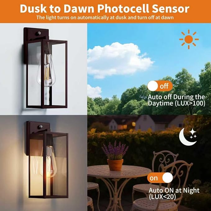 2 Pack 15'' Oil Rubbed Bronze Dusk to Dawn Outdoor Front Porch Lights for Outside, Large Exterior Lighting Fixtures Wall Mount for House, Wall Sconce Lamp, Waterproof Lantern Coach Lights for Garage