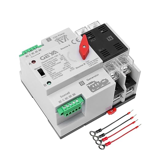 GEYA Mini ATS Automatic/Manual Transfer Switch, Solar Auto Dual Power Over & Under Voltage Switch 50/60Hz Grid to AC Generator(2Pole 63A 110V)