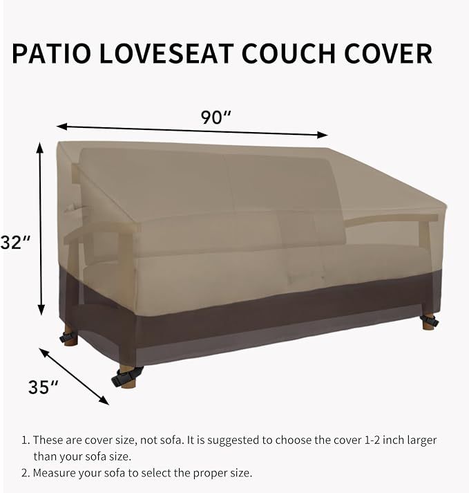 Easy-Going Waterproof Outdoor Loveseat Cover, Heavy Duty 2-Seater Patio Couch, Windproof Furniture With Air Vent (90Wx35Dx32H inch, Camel/Dark Brown)