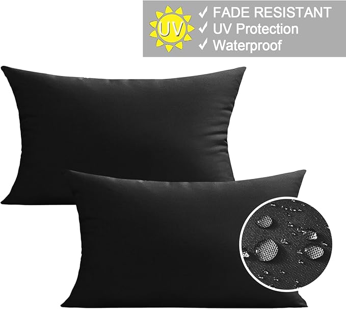 VAKADO 12x20 Lumbar Outdoor Waterproof Black Throw Pillow Covers Set of 2 Decorative Tender Green Outside Patio Furniture Cushion Cases Decor for Garden Bench Porch Couch Tent Sunbrella