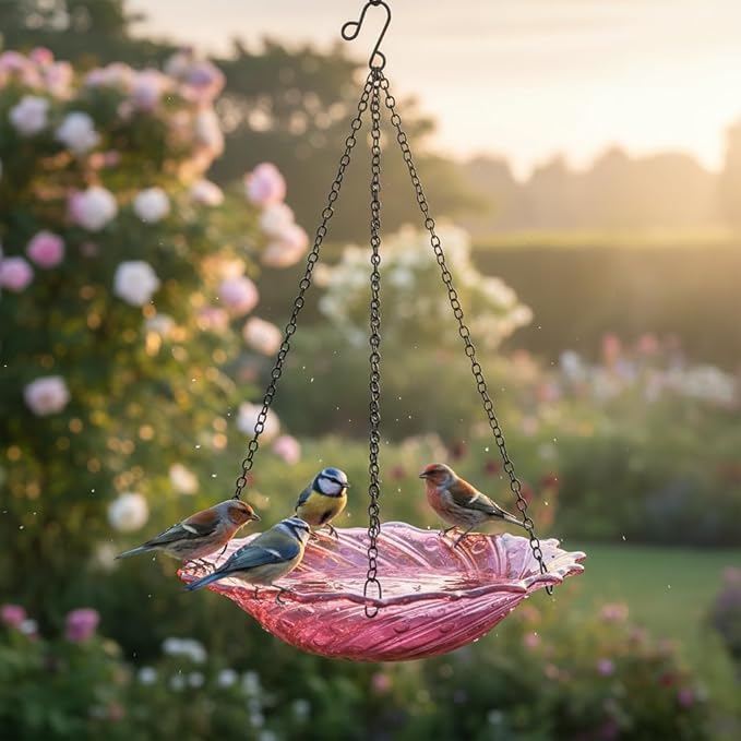 HONGLAND Bird Baths for Outdoors, 11" Pink Glass Birdbaths Outdoor Birdfeeder with Metal Stake