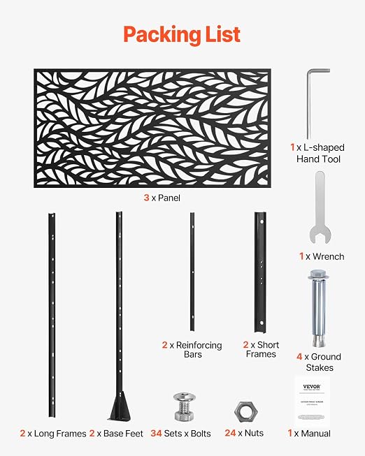 VEVOR Metal Privacy Screen, 47" W x 72" H, Outdoor Privacy Screens & Panels, Freestanding Outdoor Divider with Stand, 3-Panel Decorative Garden Steel Privacy Fence for Balcony Patio Indoor Room Black