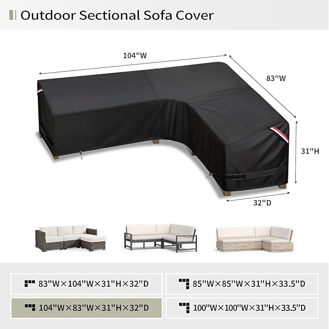 KylinLucky L-Shaped Patio Sectional Sofa Cover 104"x83", Heavy Duty Waterproof Outdoor Couch Cover, All-Weather Protection for Large Sectional with Chaise, Black