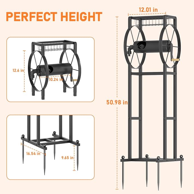 Garden Hose Reel Stand with Storage Rack - 125ft 5/8" Water Hose Organizer Holder, 4 Ground Spikes & Hooks, Universal Water Hose Adapter, Detachable Metal Frame, Black