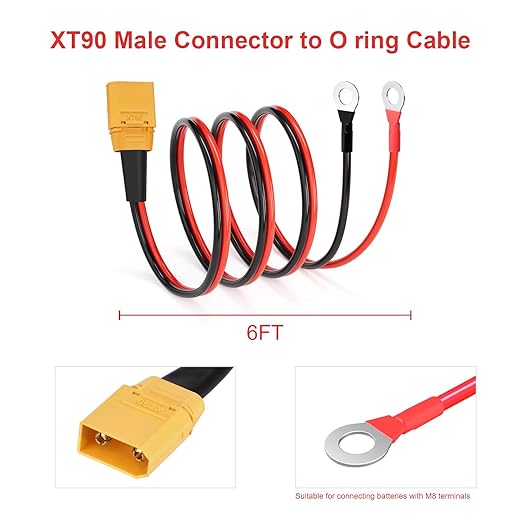 ELFCULB XT90 to O Ring Terminal Cable, 10AWG XT90 Male Connector to O Ring for RC Lipo Battery FPV Racing Drone Portable Power Station(6FT)