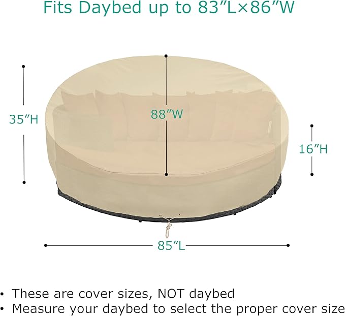 SunPatio Round Patio Daybed Cover 88 Inch, Heavy Duty Waterproof Outdoor Canopy Daybed Sofa Cover with Taped Seam, 85"L × 88"W × 35" /16"H, All Weather Protection, Beige