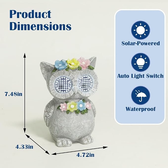 Outdoor Solar Garden Statue, Dynamic LED Light with Flower Sculpture, Art Decor for Patio Porch Lawn Backyard, Housewarming Gifts for Women (Stone Owl)