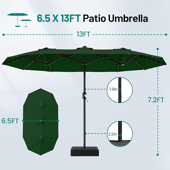 AreShark 13 FT Patio Umbrella with Solar Lights, Double-Sided Outdoor Table Umbrellas with Crank, Large Rectangular Market Umbrella for Porch, Lawn, Pool, Backyard, Dark Green