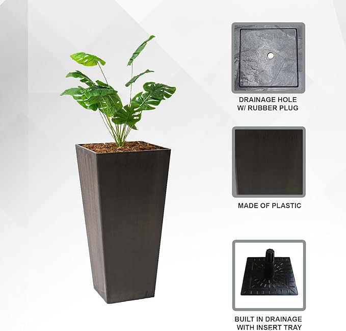 XBrand 30 in. Tall Tapered Square Self-Watering Planter, Modern Indoor/Outdoor Matte Black Plant Pot with Drainage Insert Tray for Patio Garden Decor