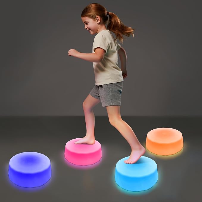 Light Up Stepping Stones for Kids Ages 3+ – LED Balance Stepping Stones with Step Activated Lights for Sensory Play, Obstacle Course, Indoor Outdoor Active Play (4 Pack)