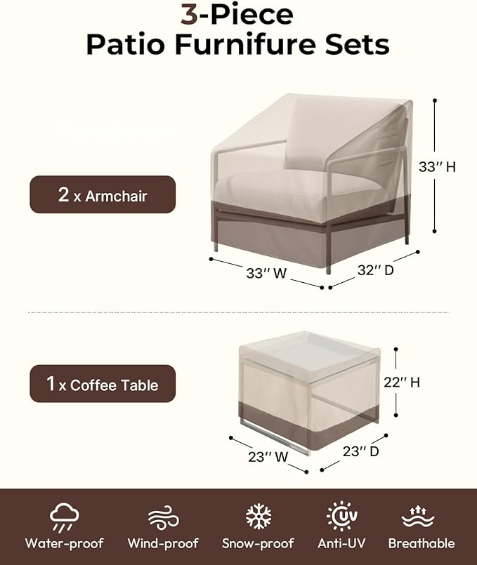 Loriano Patio Furniture Covers Set, 3 Piece Outdoor Furniture Cover Waterproof, 600D Heavy Duty Lawn Furniture Covers Set