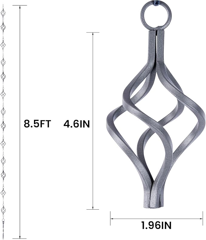 Rain Chain Bird Cage Set 8.5Ft, Wrought Iron Rain Chains for Gutters with Adapter Gotta Drain and Anchoring Stake,13 Birdcage, 1 Hook, Not Rust,Adjustable Length for Garden (Blue Gray)