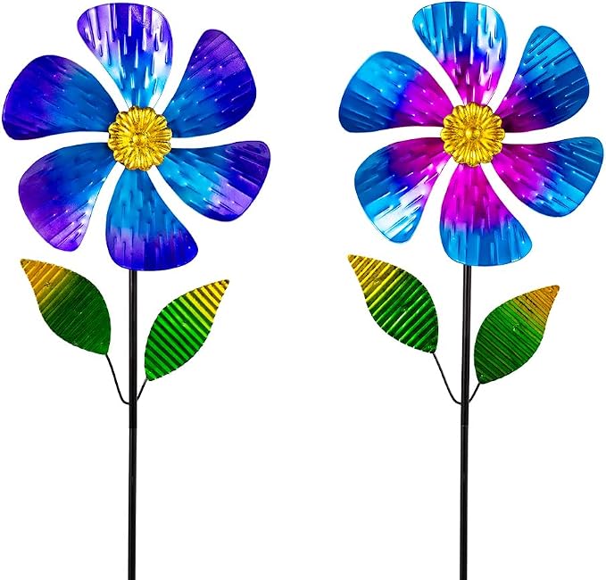 Viveta 2 Pack Garden Wind Spinners, 35.4 "Flower Metal Windmill,Pink and Blue Wind Sculpture,Pinwheels for Yard and Garden