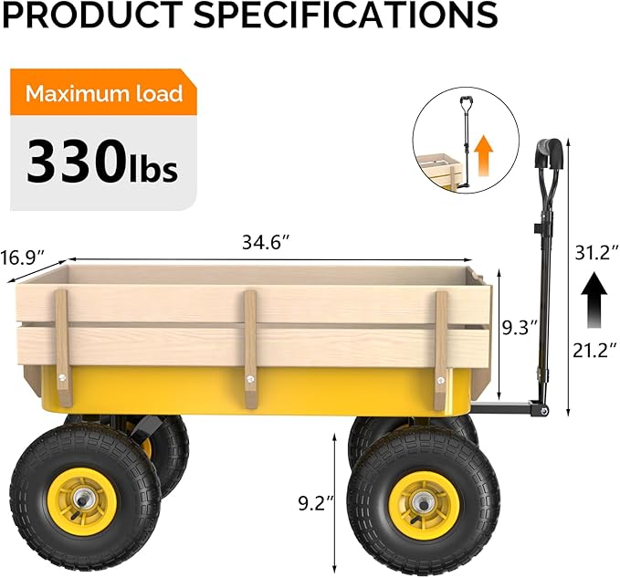 VINGLI Wagon Cart, Steel Frame and Wood Coated Railing, 330lbs All Terrain Wagon 9.2in Air Tires for Garden and Outdoor (Yellow)