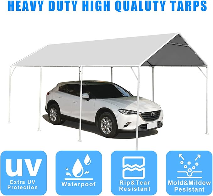 10 x 20 Ft Heavy Duty Carport Replacement Canopy Waterproof & UV Protected Garage Top Tent Shelter Tarp with 44 Ball Bungees Cords, Only Top Cover, Silver Grey