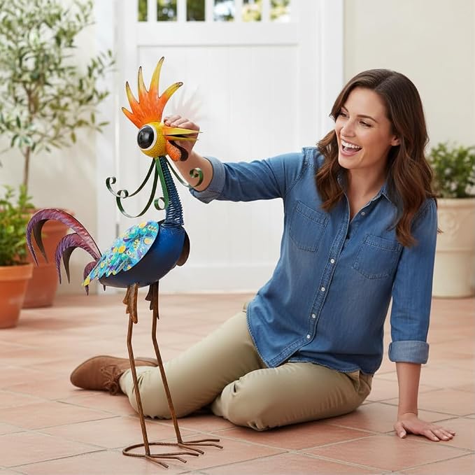 Metal Wacky Rooster Garden Statue, 31.5'' Rooster Decor Yard Statue Decorations Outdoor, Chicken Yard Art for Outside, Patio, Backyard, Lawn(Royal Blue)