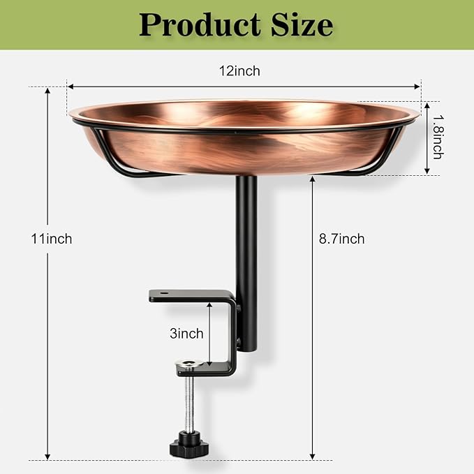 Gtongoko Deck Mounted Metal Bird Bath for Outside 12 Inch, Weather-Resistant Birdbath Bowl for Balcony Fence Railing with Adjustable Clamp Outdoors