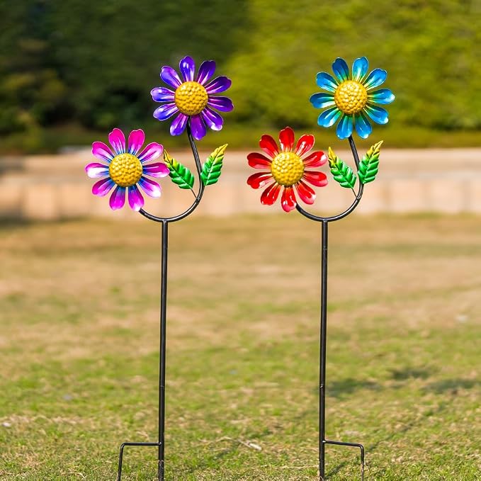 Viveta 2 Pack Flower Wind Spinners, Metal Wind Sculptures,Garden Pinwheels, Colorful Metal Windmill for Yard Lawn Patio Decor