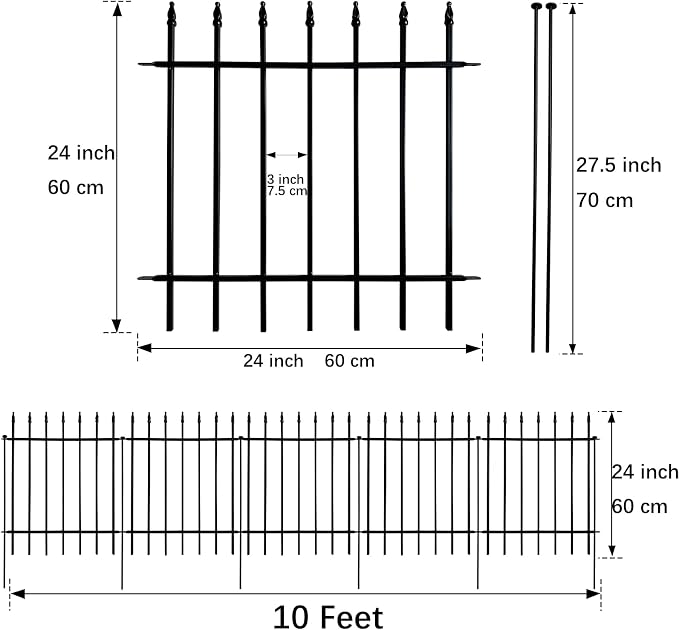 Thealyn Metal Decorative Garden Fence 24" Wide x 24" High (5 Panels, Total Length 10 feet), Metal Border Folding Fence, Landscape Fencing Dog Fence Pet Fence for Flower Bed, Yard, Animal Barrier
