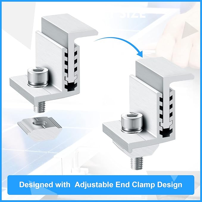 Zhengmy 10 Solar Panel End Clamp Mounting Z Bracket Mid Clamps Aluminum Rail End Clamps Clips Adjustable Panels Grounding Gutter Kit for Pv Mounting System Install Hardware Fasteners Accessory