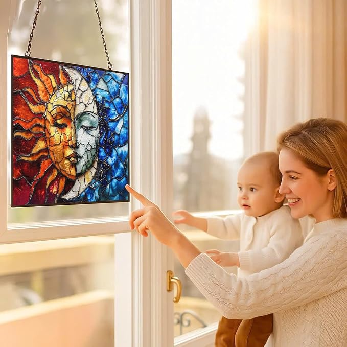 Rectangle Sun and Moon Stained Glass Suncatcher Window Hangings, Suncatchers Colorful Glass Panel Sun Catchers Gifts, Decoration for Home Garden Christmas Party Wedding