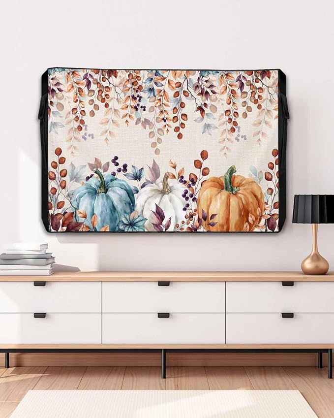 Outdoor TV Cover for Outside Flat Screen,Retro Autumn Pumpkin Eucalyptus Leaves,600D Thick Waterproof Weatherproof Outdoor TV Screen Protector with Zipper for 48 to 50 Inch Flat Screens