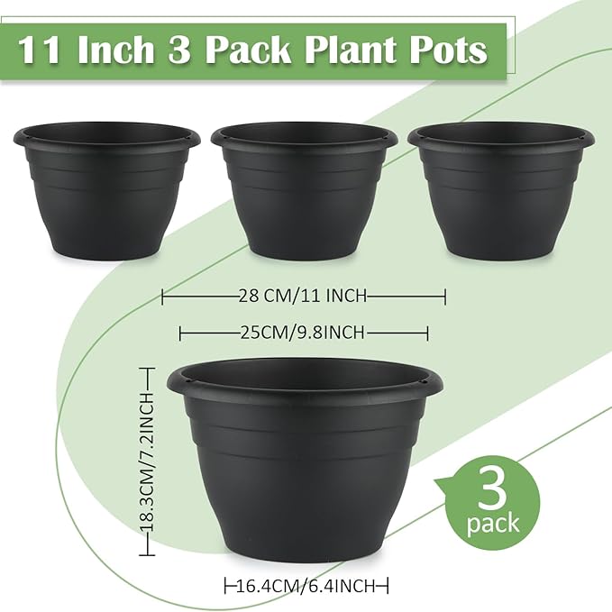 RooTrimmer 3 Pack 11 Inch Plant Pots for Indoor Outdoor,Plastic Floor Planters with Drainage Holes,Lightweight Durable Flower Pots for Home,Patio & Garden(Black)