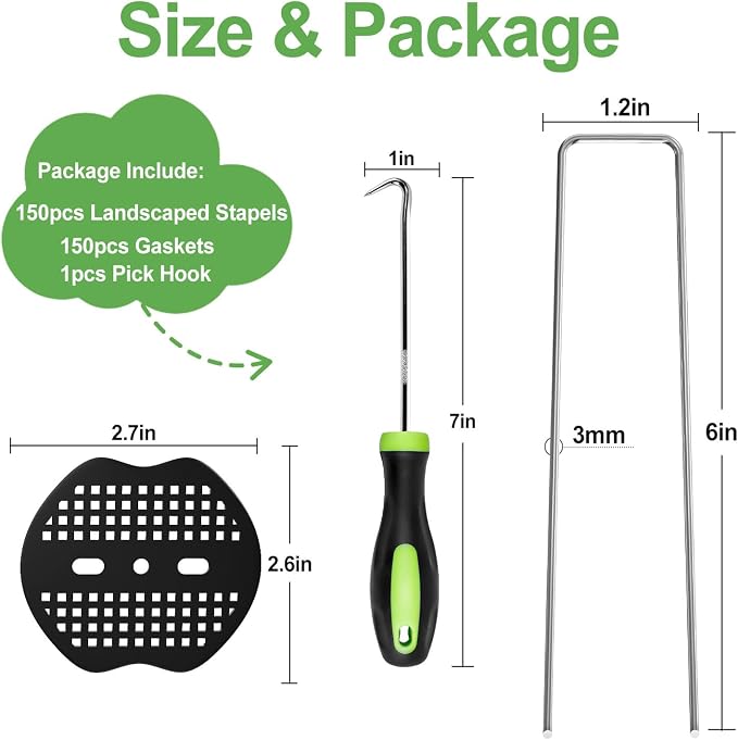 Landscape Staples 6 Inch 150Pcs Garden Stakes +150pcs Gasket, Galvanized Lawn Pins Spray Coating Yard Ground Spikes, U-Type Staples for Weed Barrier Anchoring Outdoor Tents Hoses