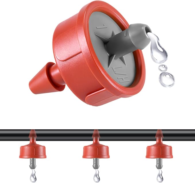50 PCS 0.75 GPH Pressure Compensating Drip Irrigation Spot Watering Dripper, Balanced Flow Drip Irrigation Emitters Heads Irrigation Drippers Parts for Indoor Outdoor Compact Plant Gardens
