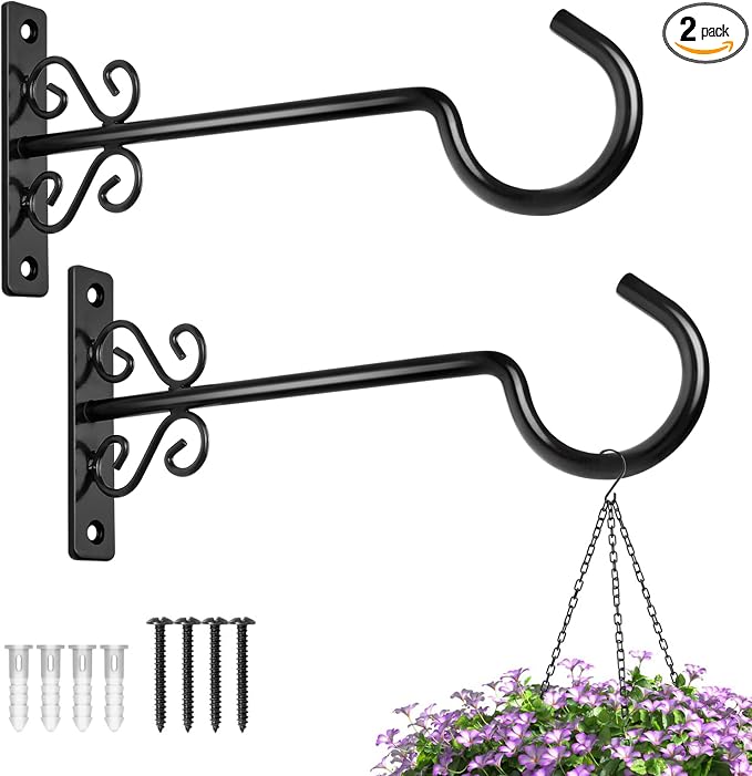BOLITE Plant Hangers, 10 Inch Hanging Plant Brackets Outdoors or Indoors, Wall Hooks for Hanging Hummingbird Feeders, Bird Feeders, Planters, Lanterns, Wind Chimes, 2 Pack, Black, Gifts for Women Men