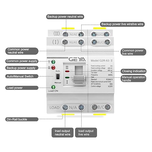 GEYA Mini ATS Dual Power Automatic/Manual Transfer Switch, Over & Under Voltage Protection Solar Auto Switch Uninterrupted Power Din Rail(4Pole 63A AC220V)