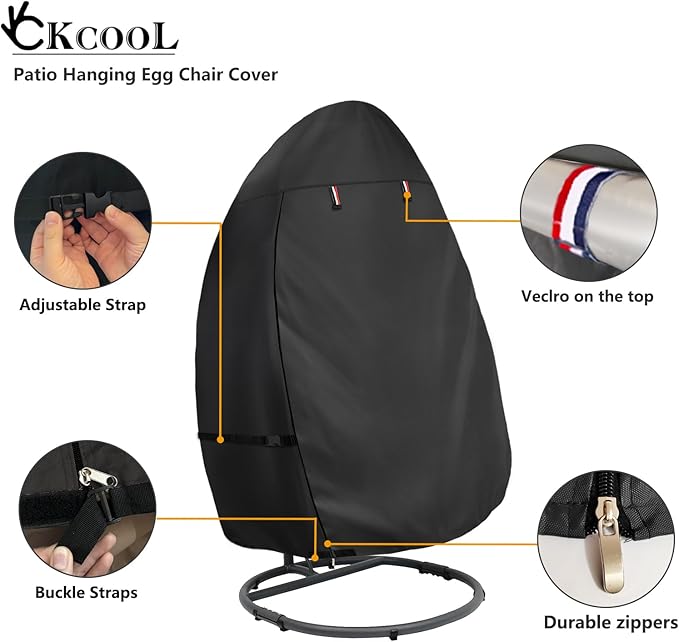 okcool Patio Hanging Egg Chair Cover, Waterproof Heavy Duty Outdoor Single Seat Swing Egg Chair with Stand Cover(Black,45″W x 33″D x 68″H)