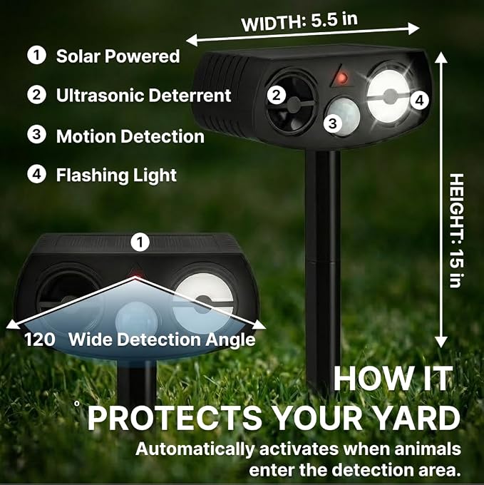 AWISH Solar Ultrasonic Animal Repeller Outdoor, Motion Sensor Waterproof Pest Deterrent, Raccoon Skunk Squirrel Gopher Rabbit Dog Repellent for Yard Garden Farm, 40ft 120° Coverage, 2 Pack Black