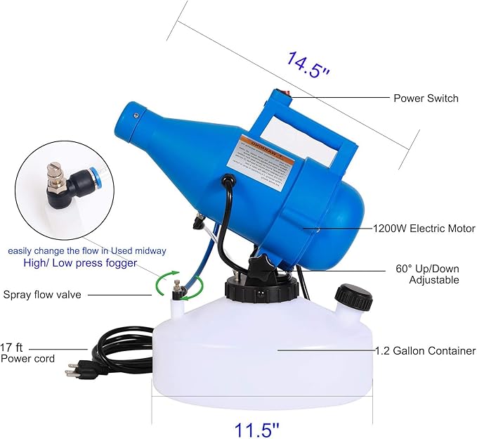 Electric ULV Portable Fogger Sprayer Machine 4.5L (1.2 Gallon) Cold Fogger Machine Spraying Distance 30ft for Home, Hotel, Church, School, Yard